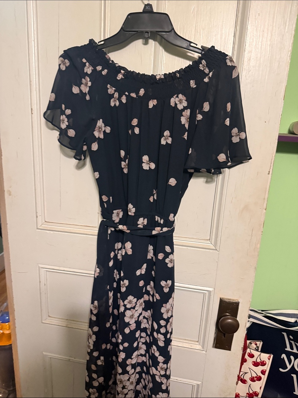 Studio One Navy Floral Off-the-Shoulder Maxi Dress with White Blossoms
